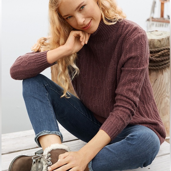 BOGO! Garnet Hill Cable Knit Wool Cashmere Turtleneck Sweater Brown Large - Picture 1 of 8